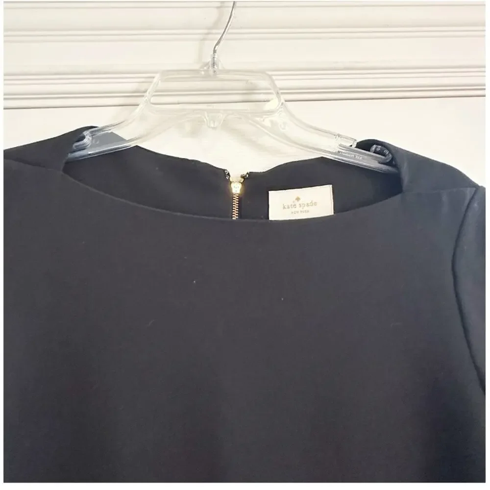 Kate Spade Black Crepe Flounce Dress Solid Size 8 Bateau Boat Neck Mini Elegant